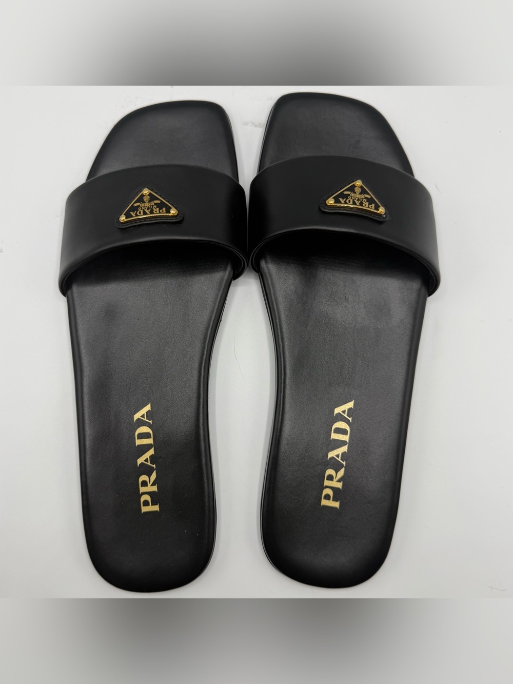 NIB Prada Black Lambskin Leather Gold Tone Triangle Logo Slide Sandals EU 36